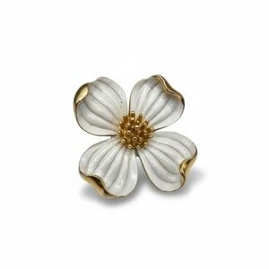 1960s Crown Trifari Gold Tone White Enamel Dodwood Flower Brooch Pin